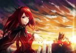  cape character_request demon_girl evening fake_horns hairband horns kyon_(fuuran) long_hair looking_at_viewer looking_back maou_(maoyuu) maoyuu_maou_yuusha nail_polish outstretched_hand pov red_eyes red_hair redhead ruins sky smile solo sunset 