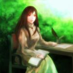  book brown_hair chair desk enbaku long_hair maou_(maoyuu) maoyuu_maou_yuusha quill red_eyes sitting soft_focus solo 