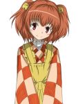  apron bell character_name checkered checkered_shirt clothes_writing hair_bell hair_ornament jingle_bell long_sleeves motoori_kosuzu orange_hair red_eyes short_hair smile solo tachi_(mtd) touhou twintails wide_sleeves 