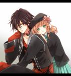  1boy 1girl amnesia_(idea_factory) black_hair braid brown_eyes brown_hair collar couple frown green_eyes hat heroine_(amnesia) samako shin_(amnesia) smile 