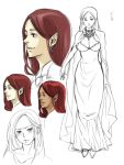  1girl breasts cape character_sheet cleavage dark_skin earrings formal gown jewelry kingfrogs large_breasts long_hair maou_(maoyuu) maoyuu_maou_yuusha necklace partially_colored pointy_ears red_hair redhead solo 