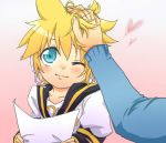  1boy asata bad_id blonde_hair blue_eyes blush head_rub kagamine_len paper short_hair vocaloid 