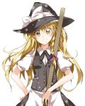  apron blonde_hair bow braid broom hair_bow hand_on_hip hat hat_ribbon head_tilt kirisame_marisa long_hair looking_at_viewer puffy_sleeves ribbon short_sleeves simple_background single_braid skirt smile solo touhou vest white_background witch_hat yellow_eyes yuushi_toshihiko 
