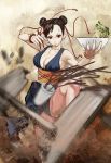  alternate_costume bare_shoulders bombomb25 bracelet breasts brown_eyes brown_hair chopsticks chun-li chun_(friendly_sky) cleavage double_bun eating food hair_bun highres jewelry noodles short_hair solo spiked_bracelet spikes street_fighter street_fighter_ii street_fighter_iv 