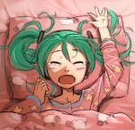 bed blush_stickers drawfag fang green_hair hatsune_miku open_mouth pajamas pillow solo star_print tears twintails vocaloid waking_up yawning 
