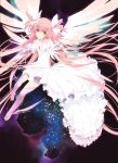  absurdly_long_hair ankle_wings bow breasts choker cleavage_cutout collarbone dress gloves glowing glowing_wings goddess_madoka hair_bow highres kaname_madoka long_hair magical_girl mahou_shoujo_madoka_magica outstretched_arm outstretched_hand pink_hair pink_legwear short_sleeves smile solo space thigh-highs thighhighs two_side_up ultimate_madoka under_boob underboob very_long_hair white_dress white_gloves wings yellow_eyes yyuunn zettai_ryouiki 