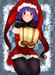  absurdres alternate_costume bakuya black_legwear blush box brown_gloves checkered checkered_background gift gift_box gloves hat heart highres looking_at_viewer nagae_iku pantyhose purple_hair red_eyes santa_boots santa_costume santa_hat short_hair sitting smile solo striped striped_legwear tile_background touhou vertical-striped_legwear vertical_stripes 