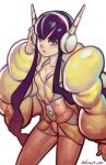  black_hair blue_eyes breasts cleavage fur_coat gym_leader headphones kamitsure_(pokemon) long_hair payot pokemon pokemon_(game) pokemon_bw2 shorts slender_waist solo speh very_long_hair 