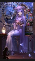  aierxioulu book bow butterfly cat crescent dress hair_bow hat highres jewelry long_hair patchouli_knowledge purple_eyes purple_hair ribbon ring sitting solo touhou violet_eyes 