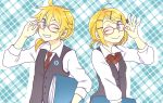  adjusting_glasses bespectacled binder blonde_hair blue_eyes brother_and_sister glasses hair_ornament hairclip kagamine_len kagamine_rin necktie red-framed_glasses ryou_(fallxalice) short_hair siblings twins vocaloid wink 