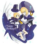  1boy android blazblue blonde_hair blue_eyes breasts cape carl_clover claws glasses gloves happy_birthday hat large_breasts nirvana noco round_glasses short_hair shorts top_hat white_gloves zipper 