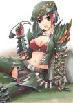  against_rock arm_support armlet armor belt blue_eyes bracelet breasts capcom cleavage collarbone deviljho_(armor) eyepatch eyepatch_removed fuugetsu_(08affair) gauntlets gloves hat jewelry monster_hunter monster_hunter_3 monster_hunter_3_g navel open_mouth purple_eyes purple_hair short_hair silver_hair sitting solo spiked_bracelet spikes thigh-highs thighhighs violet_eyes zettai_ryouiki 
