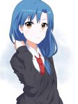  blue_hair brown_eyes cardigan idolmaster kisaragi_chihaya kureto long_hair necktie solo 