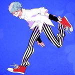  1boy blue_hair ghiaccio glasses gum_(gmng) highres jojo_no_kimyou_na_bouken red-framed_glasses shoes sneakers solo striped striped_pants 