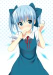  alternate_hairstyle blue_dress blue_eyes blue_hair blush bow cirno dress hair_bow halftone halftone_background hand_in_hair looking_at_viewer oniku-chan puffy_sleeves shirt short_hair solo touhou twintails wings 