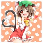  2012 :3 ;d animal_ears blush brown_hair cat_ears cat_tail chen clown_222 fang hat heart highres jewelry looking_at_viewer open_mouth red_eyes short_hair single_earring smile solo tail touhou wink 