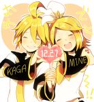  1girl :d ahoge blonde_hair brother_and_sister closed_eyes dated detached_sleeves eyes_closed grin hair_ornament hair_ribbon hairclip hand_holding headphones heart heart_hands heart_hands_duo hiyo_kiki holding_hands interlocked_fingers kagamine_len kagamine_rin nail_polish necktie open_mouth ribbon sailor_collar short_hair siblings smile tattoo twins vocaloid 