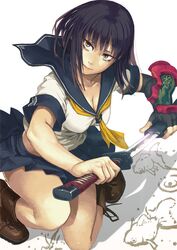  and arm_guards black_eyes black_hair boots breasts cleavage elbow_gloves fingerless_gloves gloves katana kneeling one_knee original pleated_skirt school_uniform serafuku sheath short_hair simple_background single_glove skirt solo sword unsheathing weapon white_background 