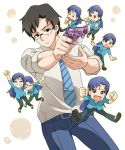  akabane_kenji black_hair blue_hair glasses go-gyan-sun guido_mista gun highres idolmaster imai_asami jojo_no_kimyou_na_bouken kisaragi_chihaya necktie producer_(idolmaster) seiyuu_connection sex_pistols_(stand) weapon 