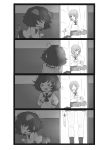  2girls 4koma :d absurdres akiyama_yukari animal_ears breath comic crazy_eyes dog_ears dog_tail empty_eyes girls_und_panzer heavy_breathing highres knife monochrome multiple_girls nishizumi_miho no_eyes o_o open_mouth paw_pose peeking_out school_uniform serafuku short_hair silent_comic smile stuffed_animal stuffed_toy sweat tail tail_wagging tears teddy_bear translation_request trembling turn_pale wavy_mouth yinzhai 