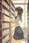  blush book bookshelf breasts brown_eyes brown_hair large_breasts long_hair mikage_sekizai mole original school_uniform skirt solo 