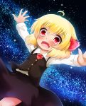  ahoge blonde_hair blush buttons dutch_angle fang hair_ribbon koji_(kohei66) long_sleeves looking_at_viewer milky_way necktie night open_hands open_mouth outstretched_arms ribbon rumia shirt short_hair skirt solo star_(sky) touhou vest 