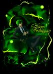  1boy ;p blazblue crossed_legs fingerless_gloves formal gloves glowing glowing_eyes green_eyes green_hair happy_birthday hazama highres multiple_belts necktie no_hat no_headwear noco ouroboros short_hair sitting solo suit tongue wink yellow_eyes 