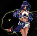  animal armlet bare_shoulders black_panther bracelet breasts choker cleavage dark_skin detached_sleeves earrings frown hair_over_one_eye high_ponytail highres jewelry long_hair mabinogi midriff necklace panther purple_hair shamala shierutei solo thigh_strap yellow_eyes 
