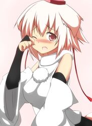  animal_ears bare_shoulders blush breasts detached_sleeves fingerless_gloves gloves hat highres inubashiri_momiji looking_at_viewer mii open_mouth red_eyes short_hair skirt solo tail tears tokin_hat touhou white_hair wolf_ears wolf_tail 