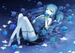  aqua_hair barefoot blue_dress blue_hair blue_rose dress feet flower hatsune_miku long_hair looking_at_viewer panties paranoia_(vocaloid) partially_submerged riccae rose sleeveless sleeveless_dress solo striped striped_panties thorns twintails underwear very_long_hair vines vocaloid water 