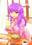  bread breasts cleavage coffee crescent drooling failure food hair_ornament kobii long_hair mayonnaise no_hat no_headwear open_mouth pajamas panties patchouli_knowledge purple_hair red_eyes salad sleepy solo touhou underwear 
