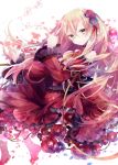  blonde_hair blue_rose blush brooch dress flower green_eyes hair_ribbon ibara_riato jewelry long_hair long_sleeves looking_at_viewer open_mouth original petals red_dress red_rose ribbon rose solo very_long_hair vines wide_sleeves 