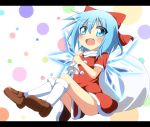  alternate_costume blue_eyes blue_hair blush cirno do_(4-rt) dress hair_ribbon letterboxed mary_janes open_mouth red_dress ribbon sack santa_costume shoes socks solo touhou wings 