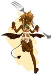  bat_wings brown_eyes chocolate dark_skin demon_tail food_as_clothes food_themed_clothes fork katahira_masashi original personification pointy_ears smile tail wings 