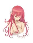  bare_shoulders closed_eyes elfen_lied eyes_closed hair_between_eyes hand_on_own_chest hl_(spk) horn long_hair lucy nude red_hair redhead solo title_drop 