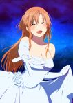  asuna_(sao) breasts brown_hair cleavage closed_eyes dress elbow_gloves eyes_closed flower gloves inuzuka_bouru long_hair outstretched_arm solo sword_art_online 
