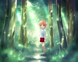  alternate_eye_color aqua_eyes child elfen_lied forest grass horns lucy nature pink_hair short_hair skirt solo standing sunlight t-shirt tree yayoi_(pipi) young 