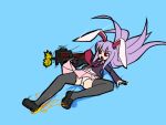  1girl animal_ears bullpup bunny_ears cat-of-nine-tails firing flat_color long_hair muzzle_flash necktie p90 panties pantyshot parody purple_hair rabbit_ears red_eyes reisen_udongein_inaba simple_background skirt sliding solo sparks thigh-highs thighhighs touhou underwear vanquish_(game) 