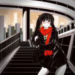  bag black_hair blush city glasses light_smile long_hair looking_at_viewer necktie original overpass red-framed_glasses red_eyes red_scarf scarf semi-rimless_glasses solo stairs tom_(drpow) under-rim_glasses 