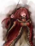  breasts cape closed_eyes dress eyes_closed large_breasts long_hair maou_(maoyuu) maoyuu_maou_yuusha open_mouth pointer red_hair redhead solo suikan wand 