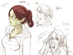  ahoge alternate_hairstyle blush breasts character_sheet cleavage earrings glasses jewelry kingfrogs long_hair maou_(maoyuu) maoyuu_maou_yuusha monocle partially_colored pointy_ears red_eyes red_hair redhead short_ponytail solo translation_request 