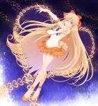  abstract_background aino_minako bishoujo_senshi_sailor_moon blonde_hair blue_eyes bow chain chains dutch_angle earrings elbow_gloves finger_to_mouth gloves hair_bow highres jewelry komasawa_(fmn-ppp) long_hair magical_girl sailor_venus skirt solo standing tiara wink 