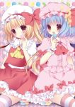  argyle argyle_background ascot blonde_hair blue_hair blush bow brooch crescent fang flandre_scarlet hat hat_bow hat_ribbon jewelry macaron multiple_girls niki_(pixiv) red_eyes remilia_scarlet ribbon short_hair siblings side_ponytail sisters sitting skirt skirt_set smile star striped striped_legwear sweets touhou wings wrist_cuffs 