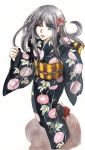  black_hair blue_eyes character_request copyright_request flat_chest floral_print flower geta hair_flower hair_ornament hime_cut japanese_clothes kimono long_hair obi running tokimura_shurei wide_sleeves wink 