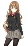  black_legwear blazer brown_eyes brown_hair cinderella_eleven emblem hair_ornament hairclip long_hair pantyhose pleated_skirt runa school_uniform skirt smile solo very_long_hair 