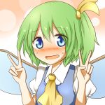  1girl ascot blue_eyes blush bubble daiyousei fairy green_hair hair_ribbon looking_at_viewer puffy_sleeves ribbon short_hair short_sleeves side_ponytail simple_background solo sweat touhou udongein v wings 