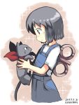  alternate_costume animal artist_name black_eyes black_hair cat dated kazuboh nichijou sakamoto_(nichijou) shinonome_nano short_hair winding_key 