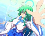  ahoge blue_eyes breasts detached_sleeves fuyuwa_kotatsu gohei green_hair kochiya_sanae long_hair sideboob skirt smile snake_hair_ornament solo touhou 