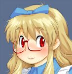  blonde_hair blue_background blush bow bust eyebrows glasses hair_bow long_hair maid nororiyon original oshizushi-sensei payot red-framed_glasses red_eyes simple_background smile solo thick_eyebrows 