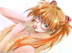  alternate_hairstyle bespectacled blue_eyes breasts brown_hair bust candy chingcame cleavage feather_boa glasses hair_ornament hand_in_hair lollipop long_hair looking_at_viewer nagisa-a naked_scarf neon_genesis_evangelion rebuild_of_evangelion scarf shikinami_asuka_langley solo soryu_asuka_langley souryuu_asuka_langley topless twintails 